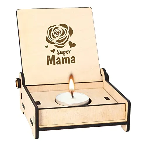 Boîte à bougies chauffe-plat en bois avec gravure Super Maman avec rose
