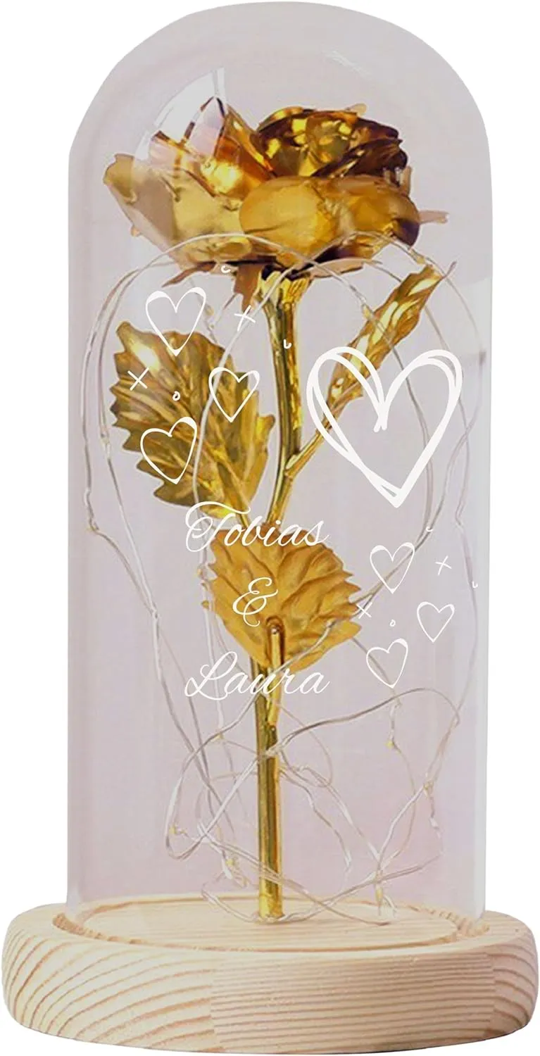 Rose d'or Dôme de verre Saint-Valentin 3 cœurs