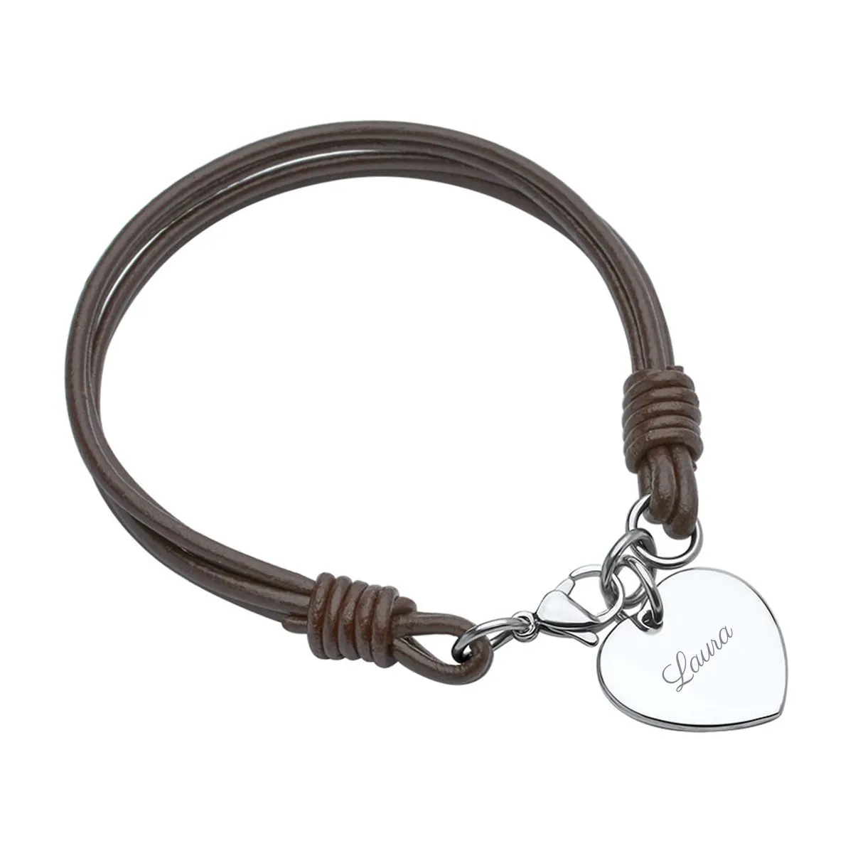 Bracelet en cuir avec pendentif coeur et gravure - marron