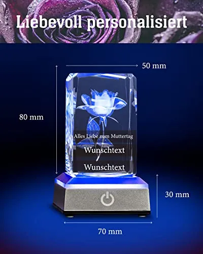 Rose personnalisée en 3D dans un verre avec socle lumineux LED