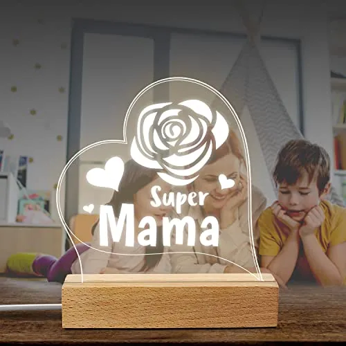 LED avec socle en bois avec slogan Super Maman avec rose