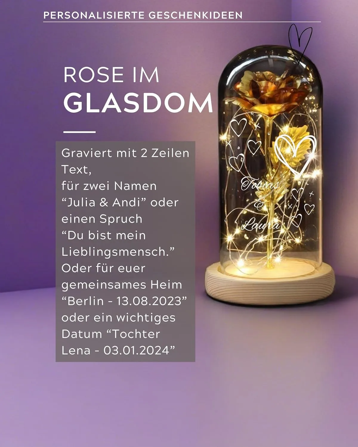 Rose d'or Dôme de verre Saint-Valentin 3 cœurs