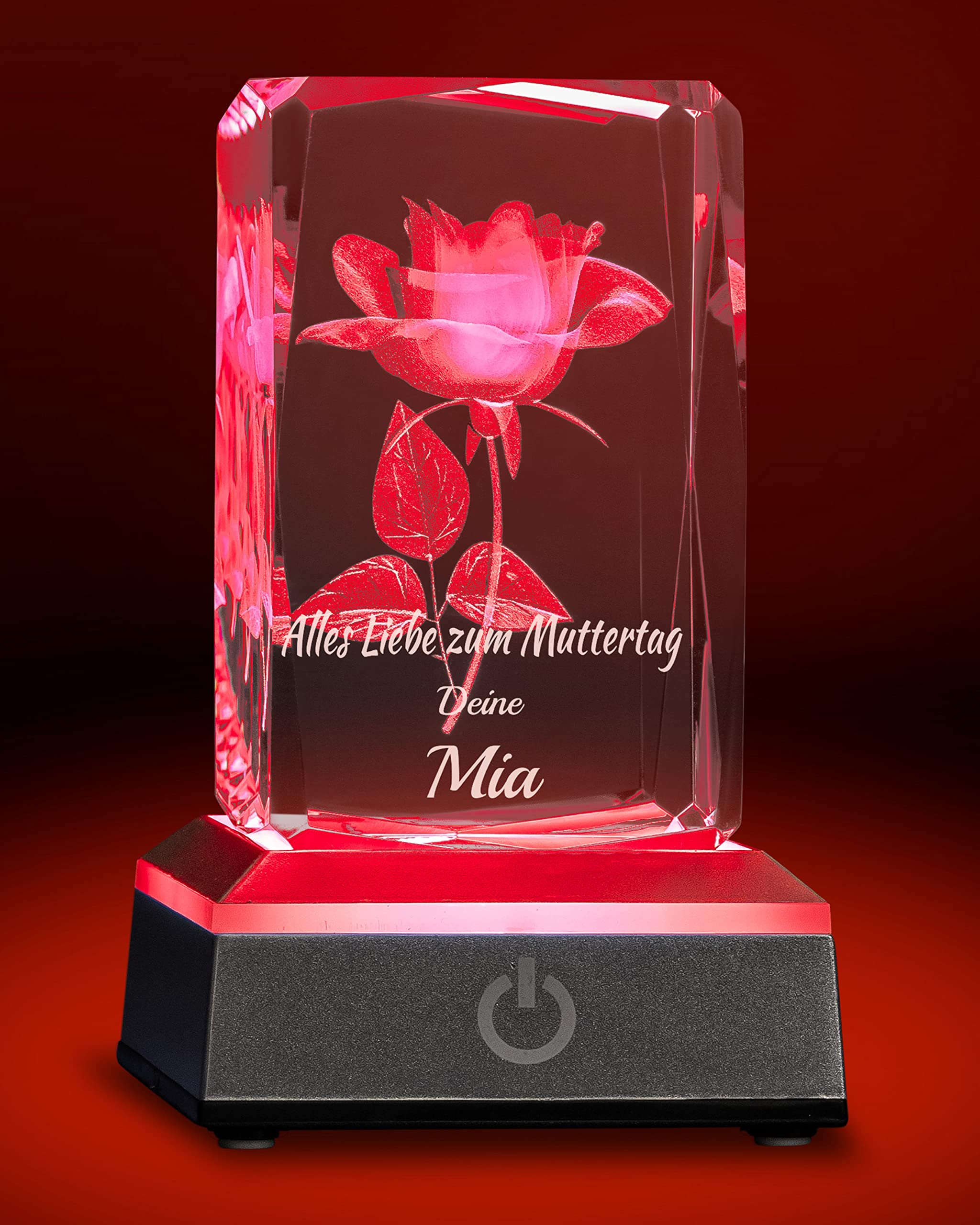 Rose personnalisée en 3D dans un verre avec socle lumineux LED