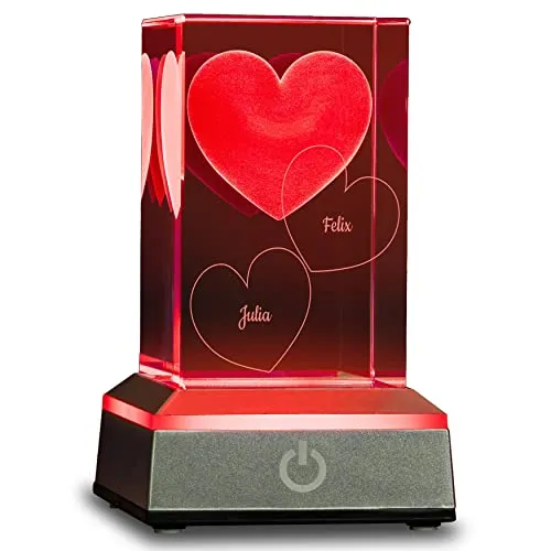 Verre LED 3D avec gravure 2 noms I Cadeau relationnel pour le partenaire I Lampe cristal personnalisée avec cœur