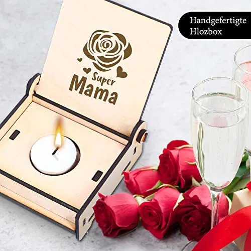Boîte à bougies chauffe-plat en bois avec gravure Super Maman avec rose
