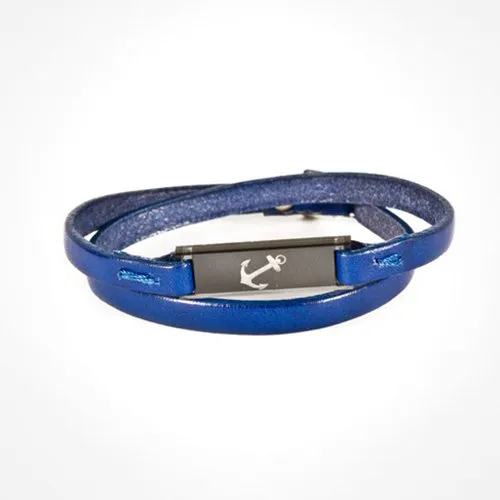 Bracelet cuir - ancre bleu - gris
