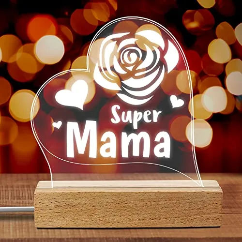 LED avec socle en bois avec slogan Super Maman avec rose
