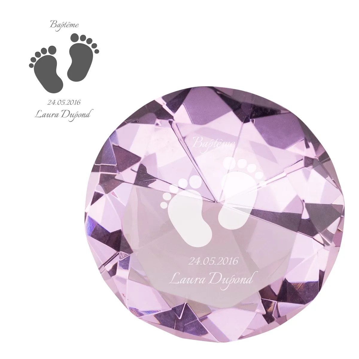 Diamant de cristal avec gravure pour la naissance - rose